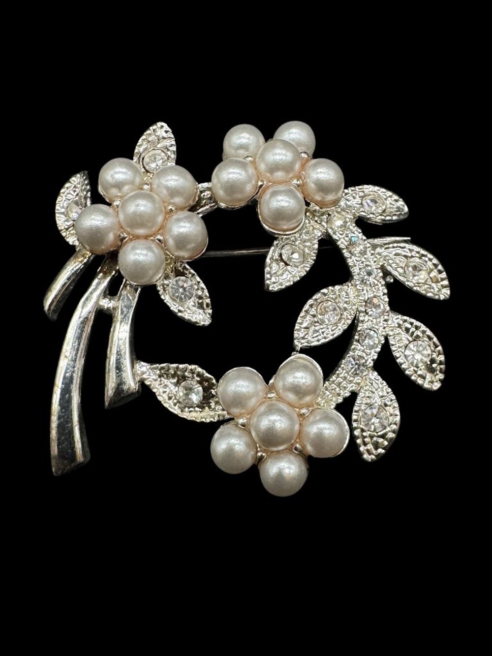 Silver Tone Brooch Clear Stones and White Faux Pearls Floral